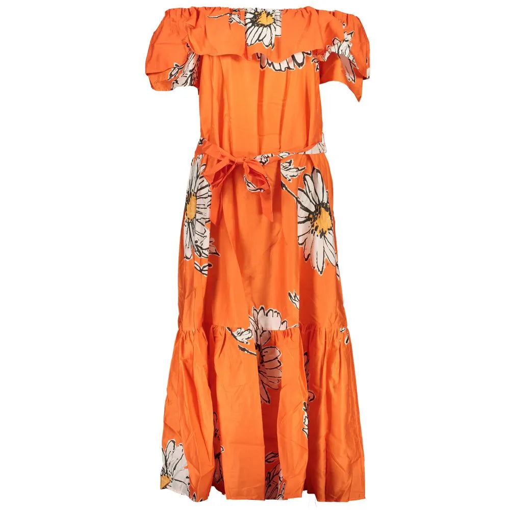 Orange cotton off-shoulder maxi dress with white daisy print, ruffled neckline, short sleeves, and tie belt.