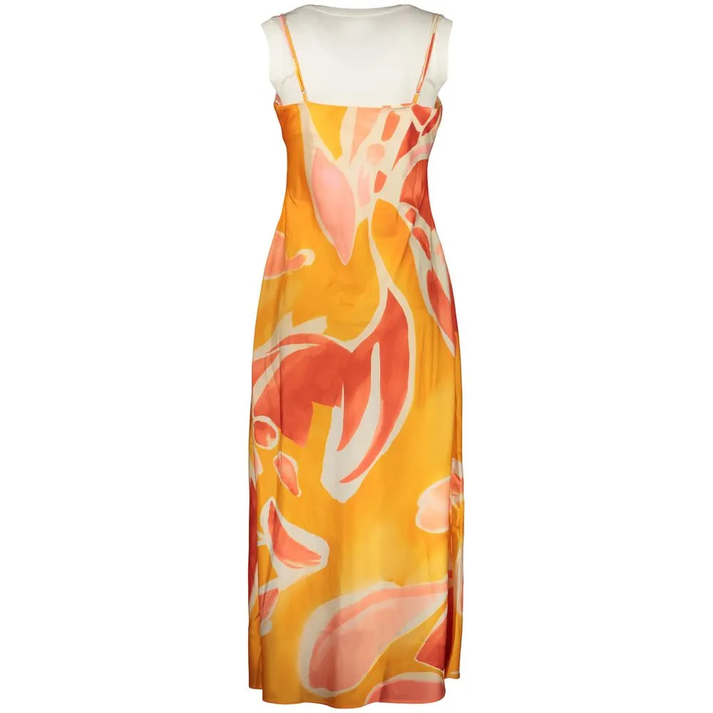 Desigual Arancione orange polyester long dress, back view, with flowing abstract patterns and adjustable thin straps.