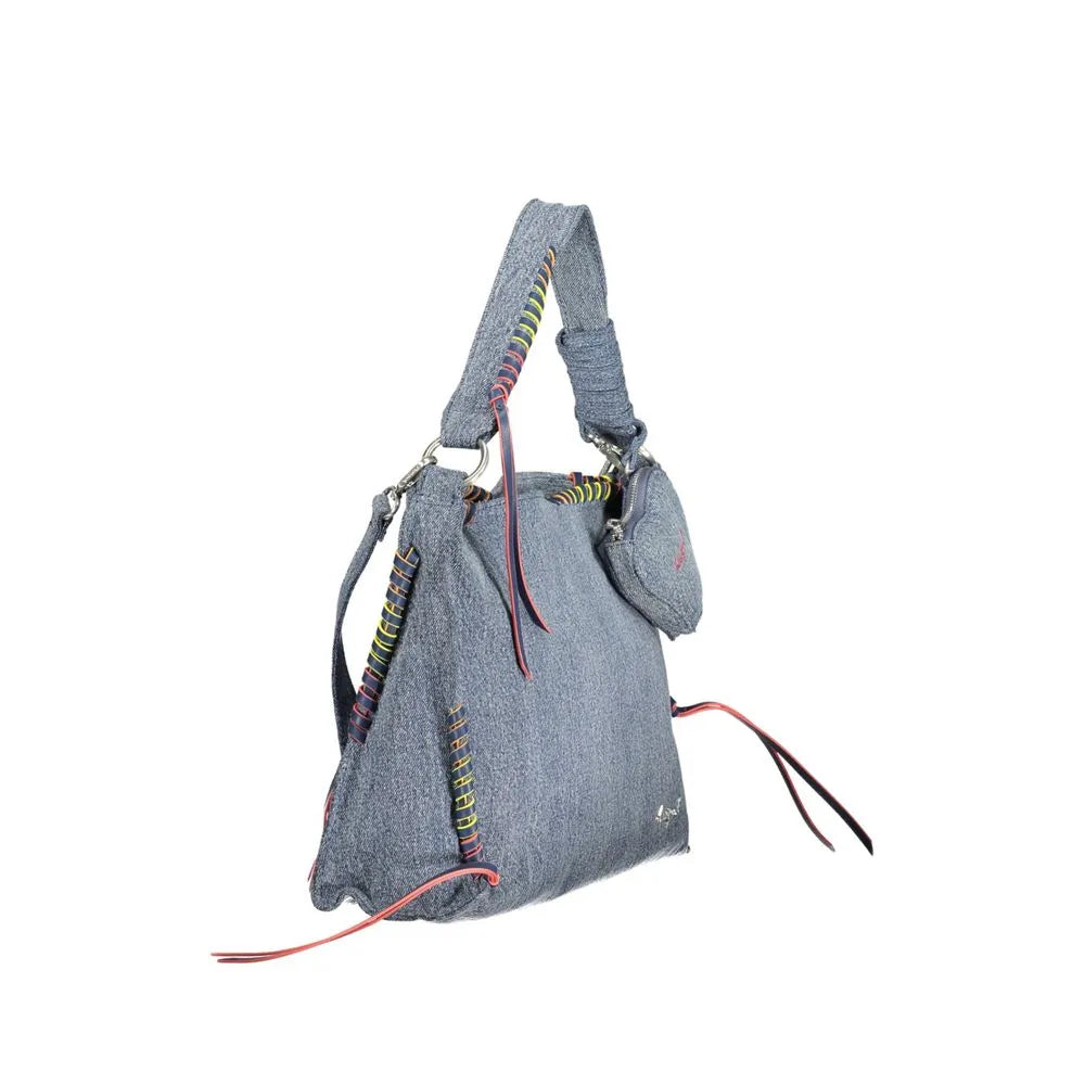 Bold Azzurro Desigual Torio denim cotton handbag with vibrant contrasting stitching and a heart coin purse.