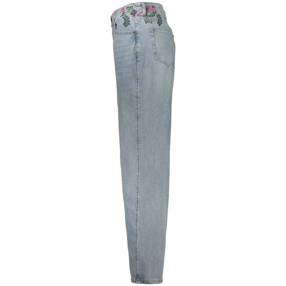 Azzurro cotton-blend women's jeans by DESIGUAL with vibrant floral embroidery on the back waistband.