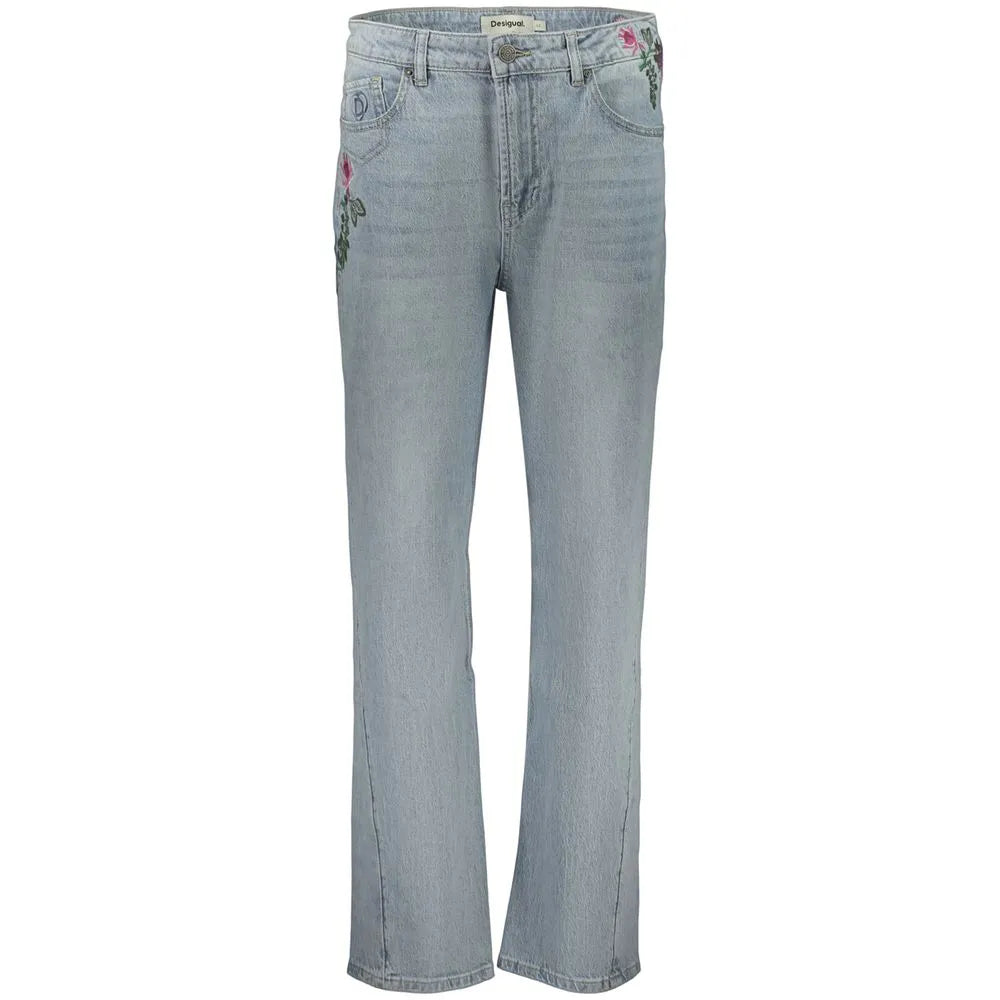 Azzurro Desigual women's cotton jeans with vibrant floral embroidery on front pockets and waistband logo.