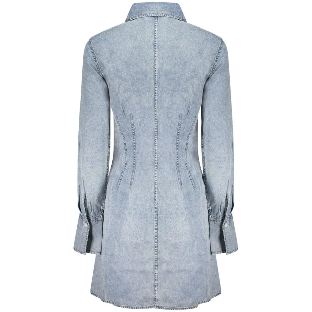 Azzurro lyocell women's short dress, back view with long sleeves, button cuffs, and a unique washed denim texture.
