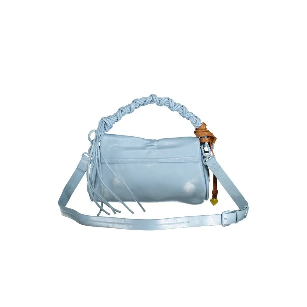 Azzurro polyurethane mini bag featuring a braided top handle, decorative tassels, and an adjustable shoulder strap.