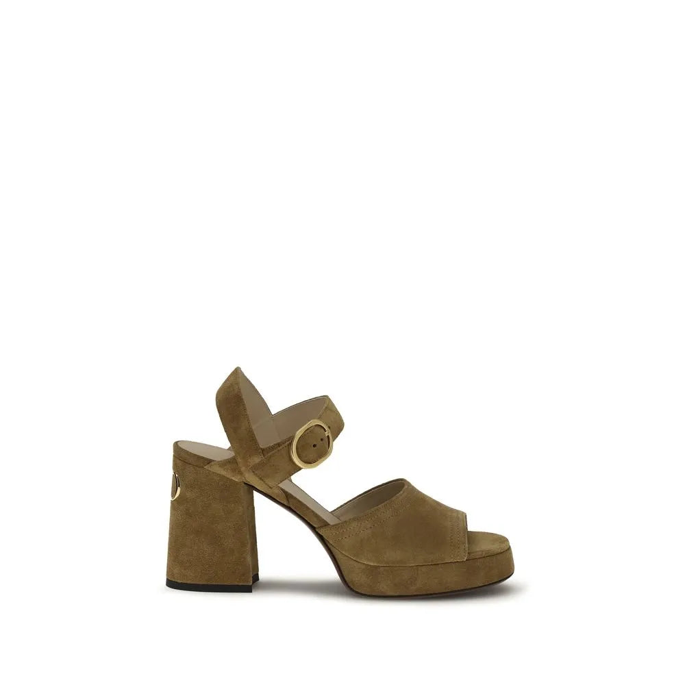 Beige suede platform sandals with block heel, adjustable ankle strap, and antiqued brass VLogo detail.