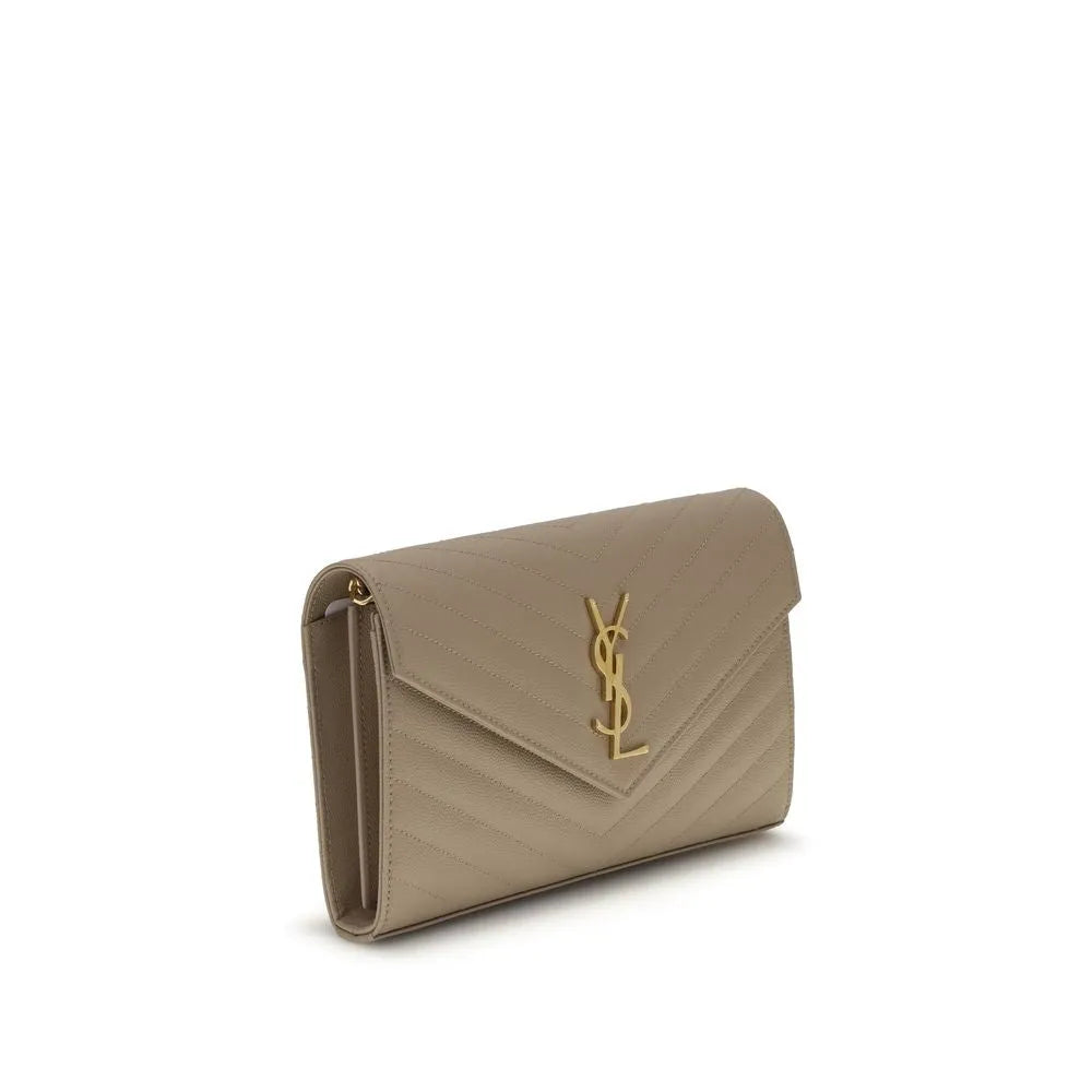 Beige calf leather Saint Laurent shoulder bag featuring matelassé chevron quilting and a golden YSL logo plaque.