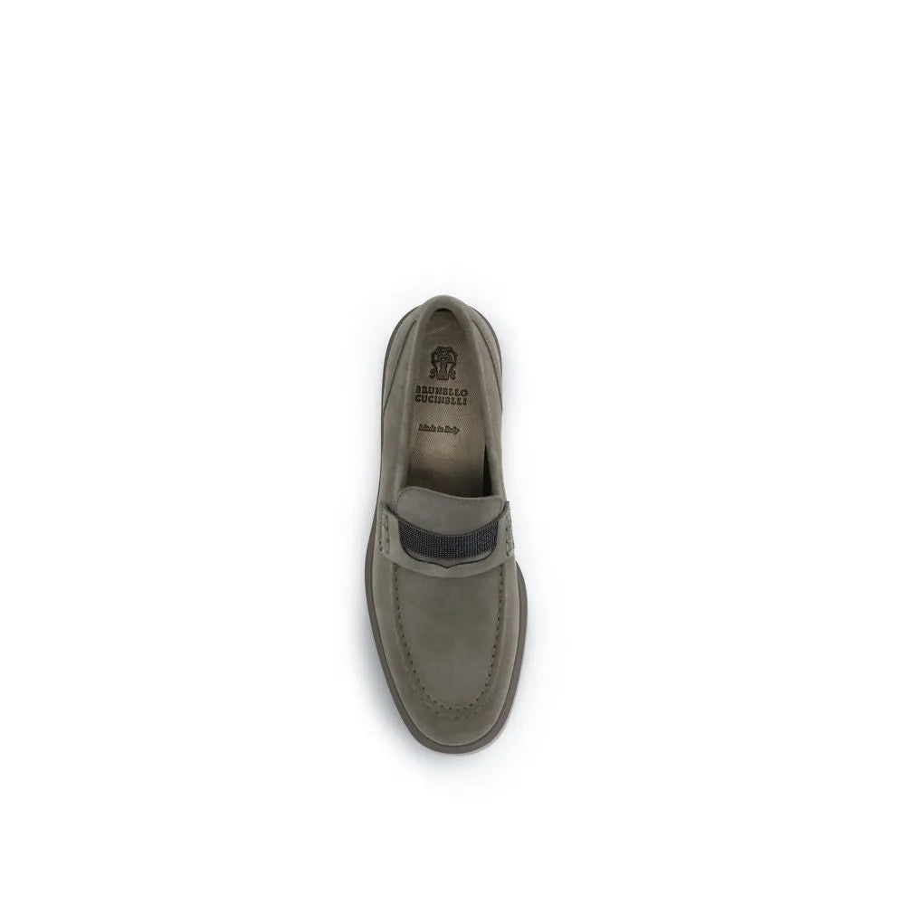 Brunello Cucinelli taupe suede calf leather loafers with almond toe, jeweled vamp, and detailed stitching.