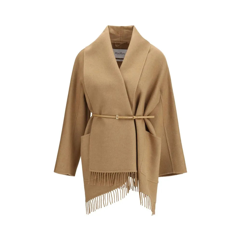 Elegant beige Max Mara pure camel wool wrap coat with kimono sleeves, belt, patch pockets, and fringed hem.