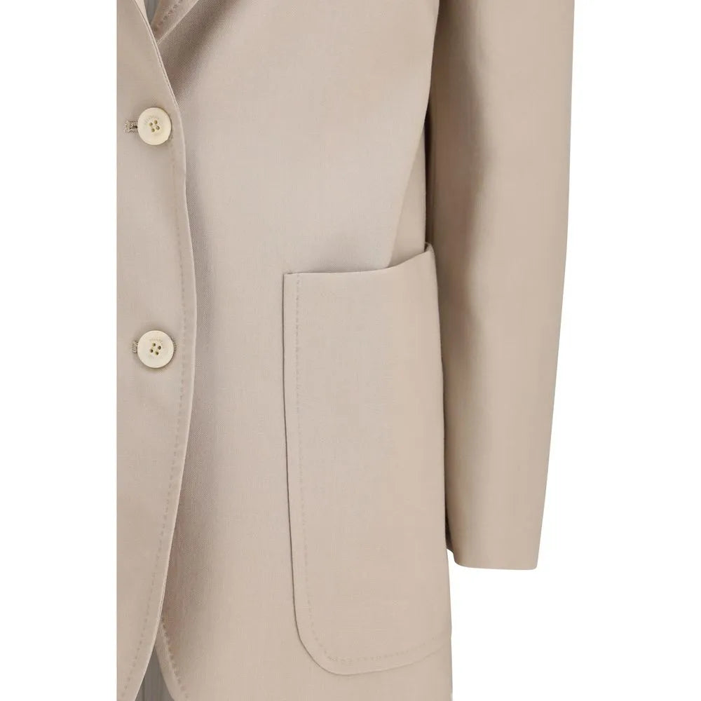 Beige fleece wool blazer with front buttons and a modern patch pocket.