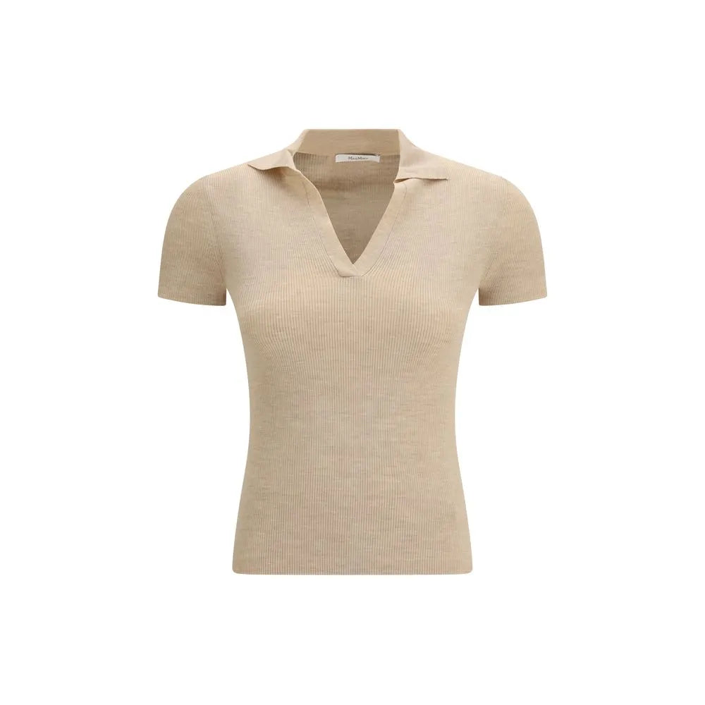 Slim fit beige ribbed fleece wool short sleeve polo shirt with collar and V-neck.