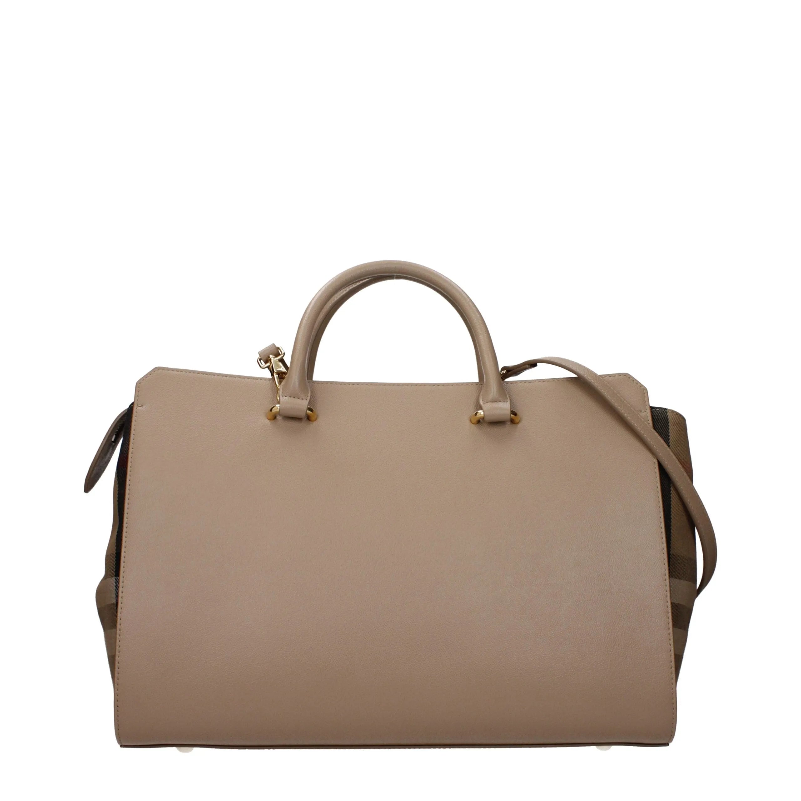 Burberry medium beige leather handbag with top handles, gold hardware, and iconic check print sides.