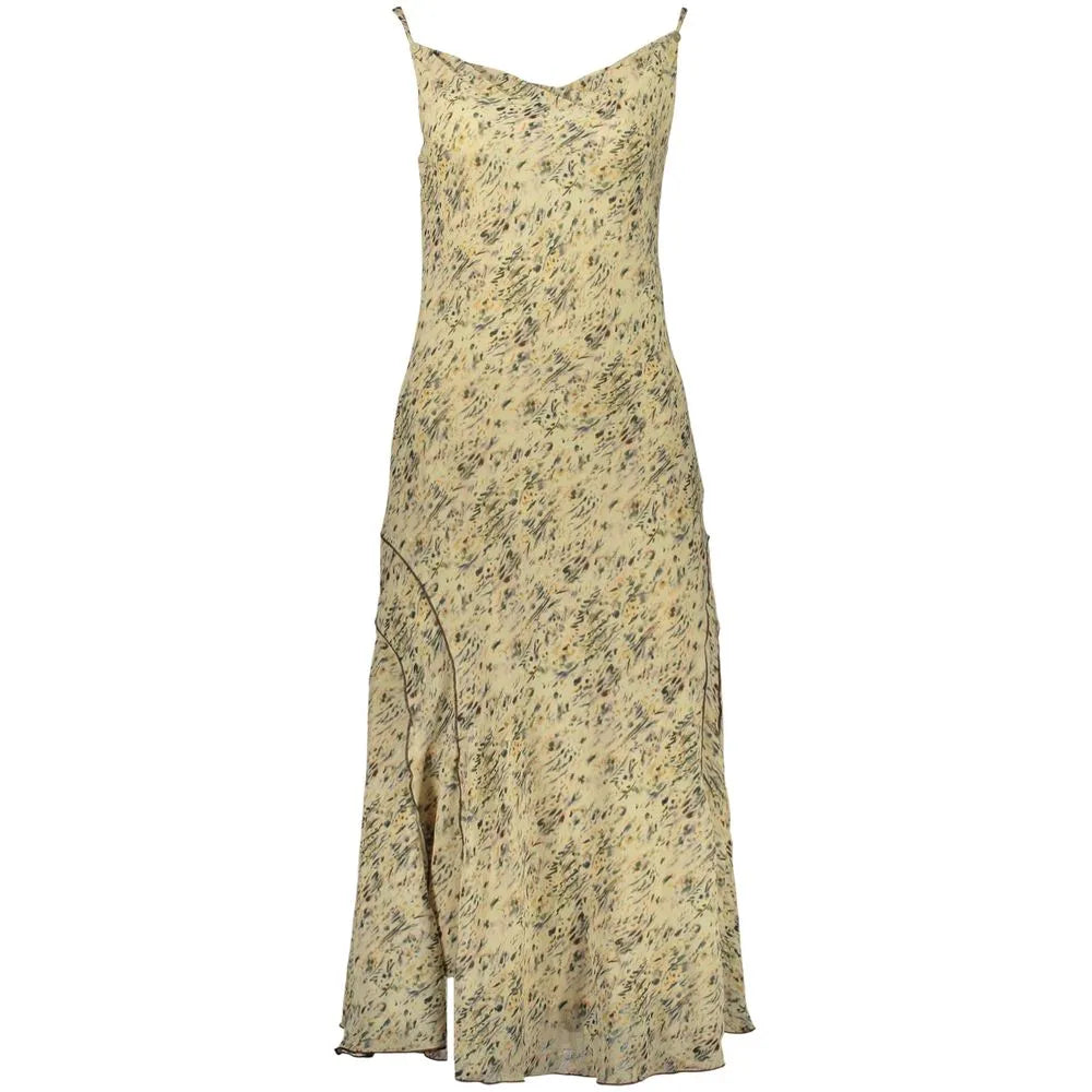 DESIGUAL beige polyester women's midi dress with gritty abstract print, V-neck, thin straps, and contrasting side detail.