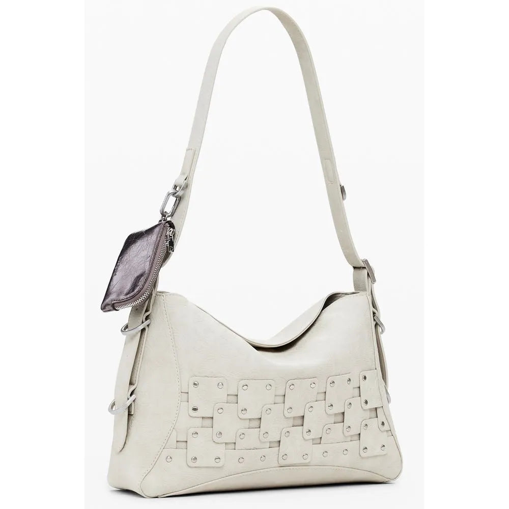 Beige polyurethane women's shoulder bag featuring a studded woven front and a removable coin purse.