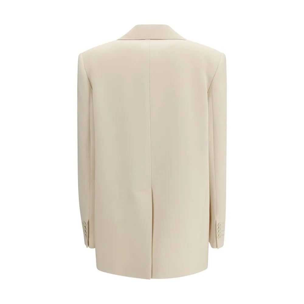Beige Triacetate Blazer, back view showing central vent and buttoned cuffs.