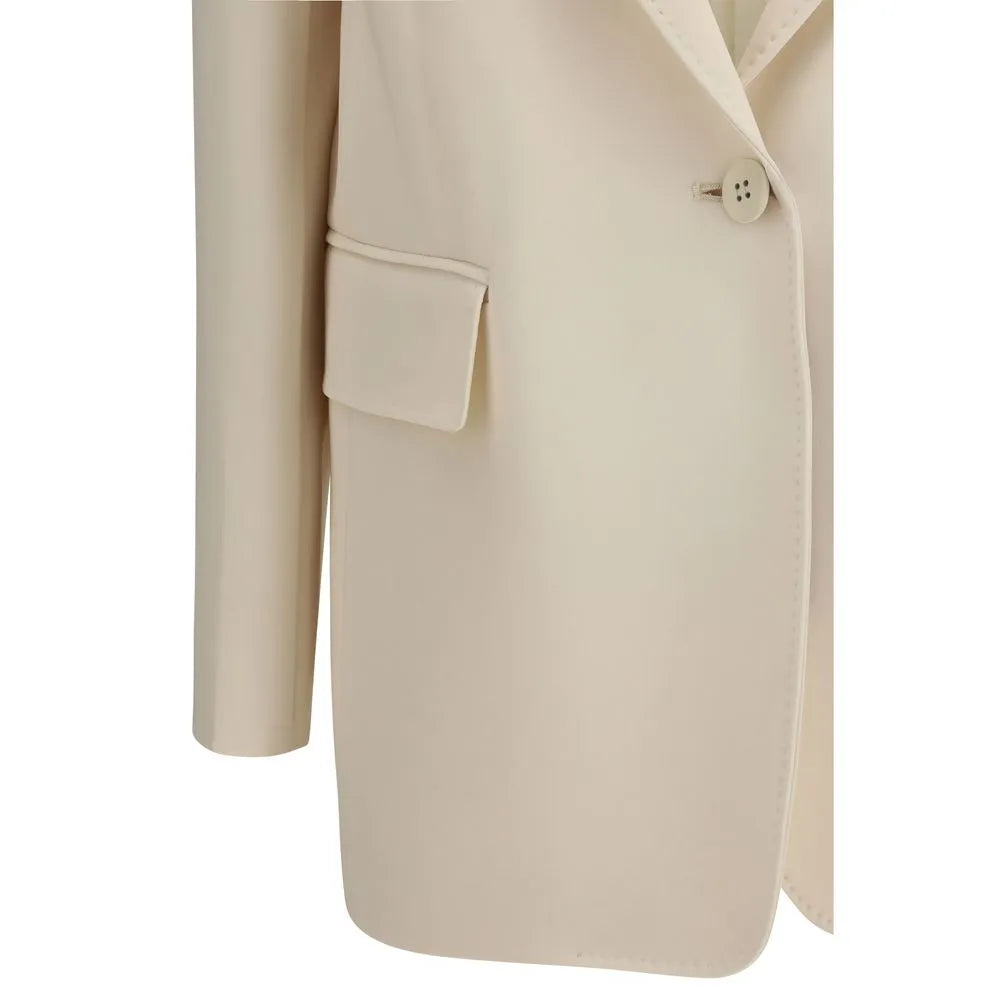 Beige triacetate cady blazer with a single-breasted button and flap pocket, showcasing its structured design.