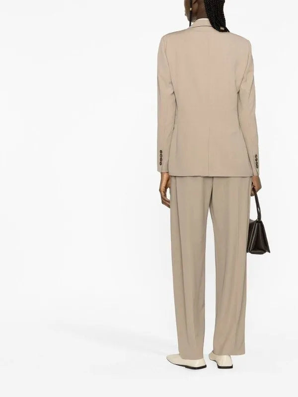 Brunello Cucinelli women's Bleeker beige viscose-wool blazer and matching wide-leg trousers, elegant back view.