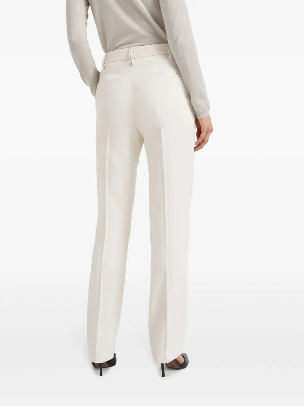 Brunello Cucinelli women's ivory viscose tailored dress pants with a flowing, elegant fit.