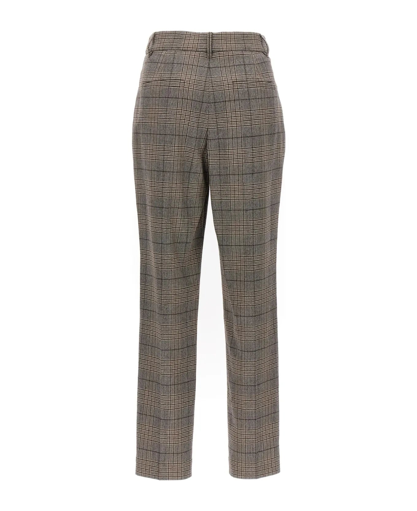 Brunello Cucinelli women's tailored wool blend plaid dress pants in beige, brown, black, back view.