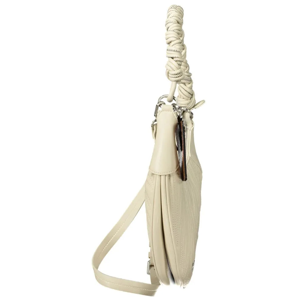 White polyurethane women's handbag with a curved shape, distinctive braided top handle, and adjustable strap.
