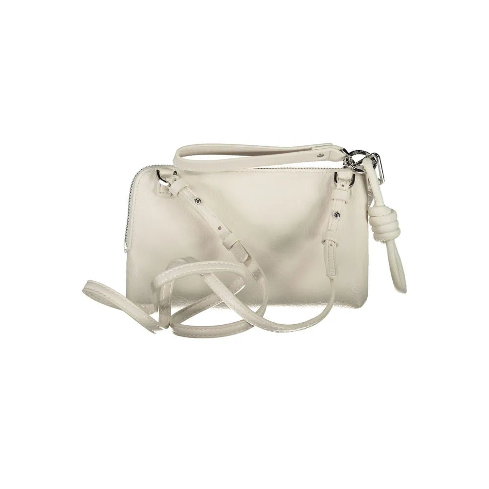 Bianco pebbled polyurethane women's handbag with zip closure, adjustable strap, and knotted pull.