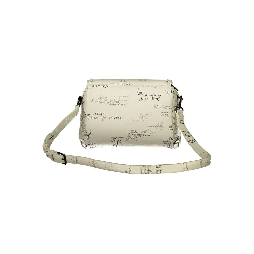 Bianco Desigual mini soft bag in polyurethane, with black handwritten print and adjustable strap.