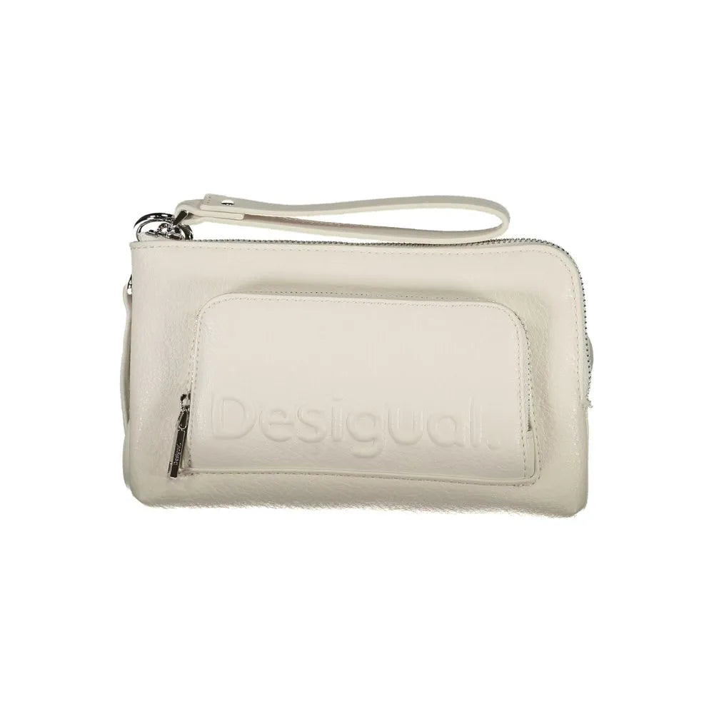 White Desigual polyurethane women's wristlet with embossed logo, front zip pocket, and silver-tone zipper.