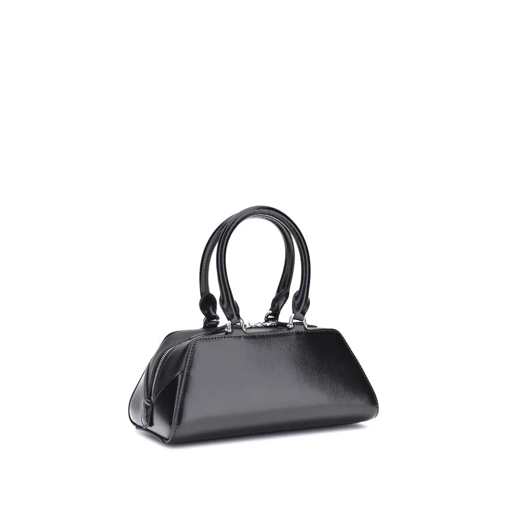 Sleek black calf leather Givenchy Antigona mini handbag with structured elongated design, double top handles, and silver zipper.