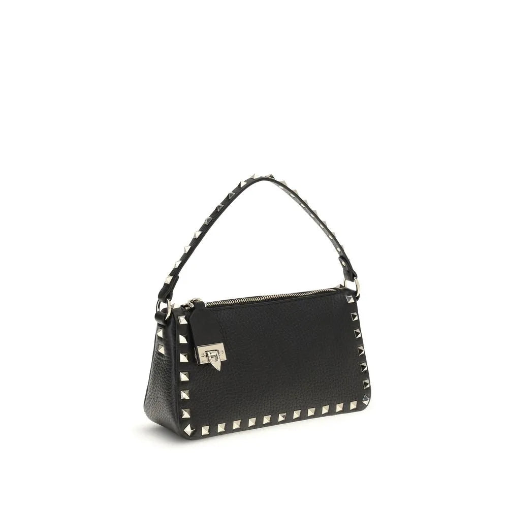 Black calf leather shoulder bag with silver Rockstuds and hook closure.