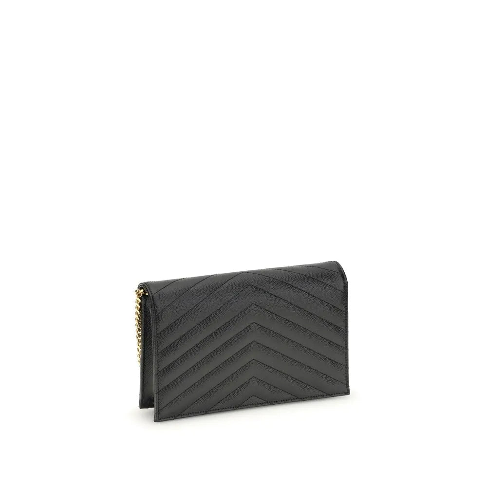Compact black calf leather shoulder bag with chevron quilted pattern and gold-tone chain strap.