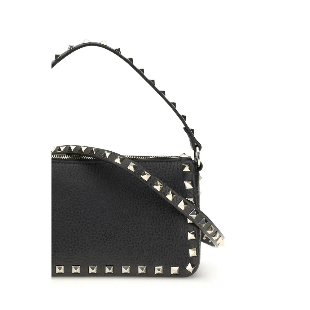 Black calf leather Valentino Garavani Rockstud shoulder bag with platinum-finish studs on strap and edges.