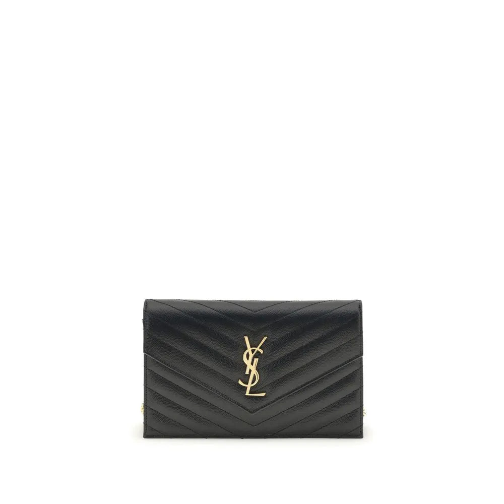 Black calf leather Saint Laurent Cassandre mini bag, chevron quilted with a gold YSL logo.
