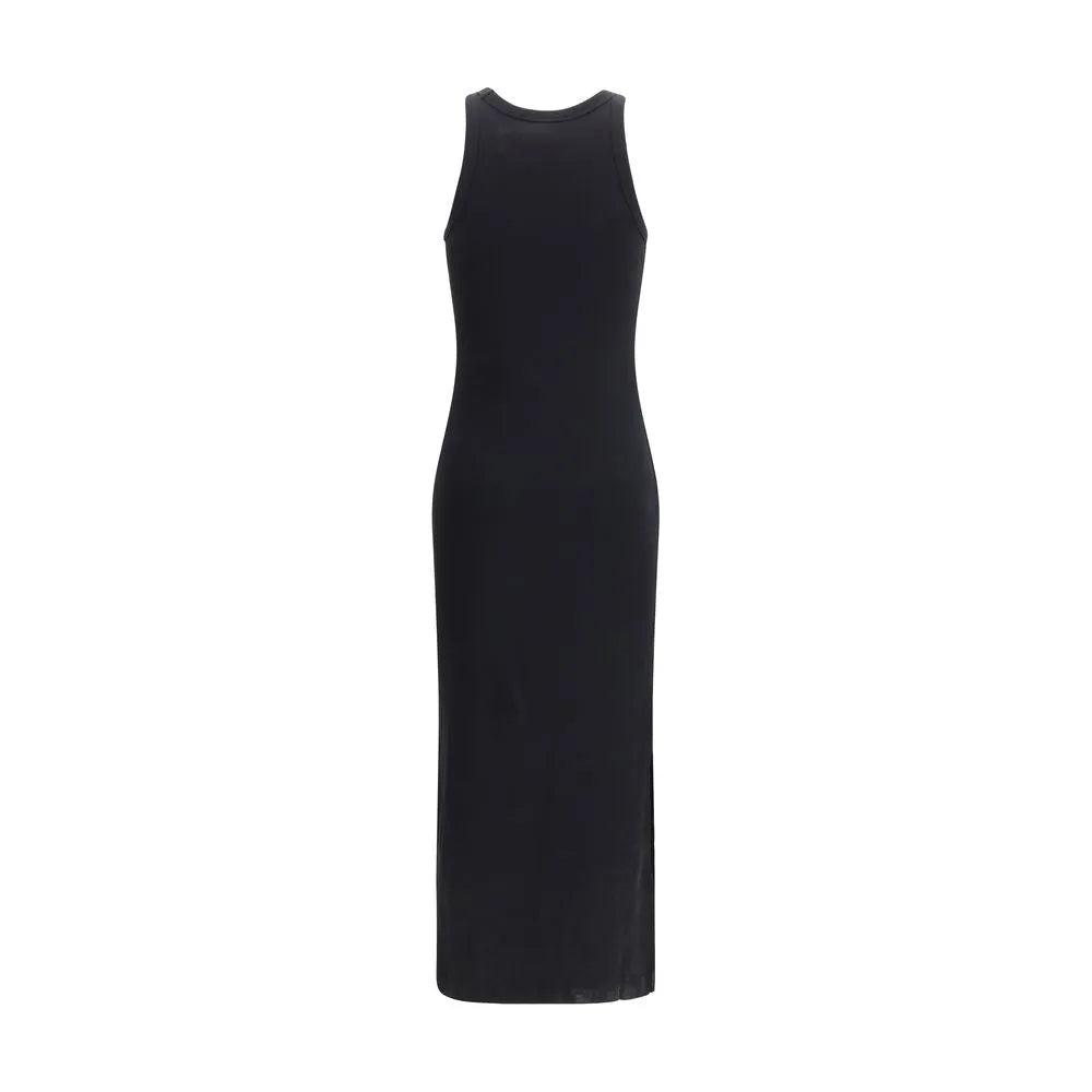 Black ribbed cotton casual long tank dress, sleeveless, regular fit, shown from the back.