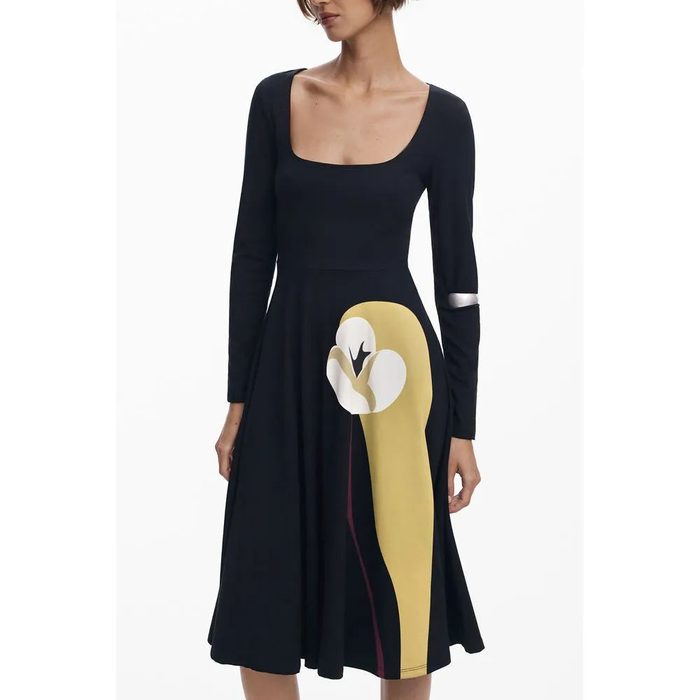 Black DESIGUAL Lirio long-sleeve cotton-blend dress with square neckline and bold yellow abstract floral print.