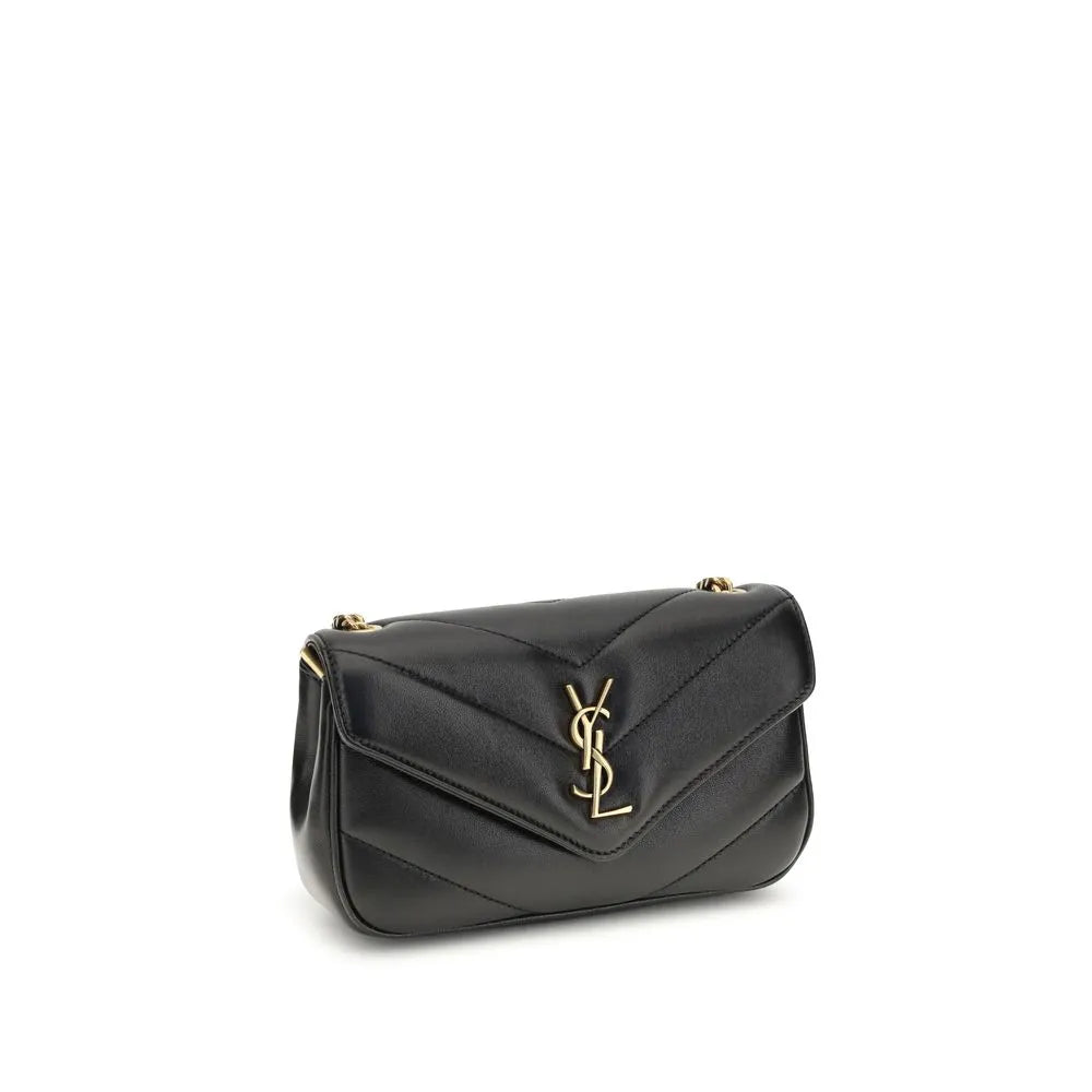 Black quilted lambskin Saint Laurent mini shoulder bag with gold YSL logo and chain strap.