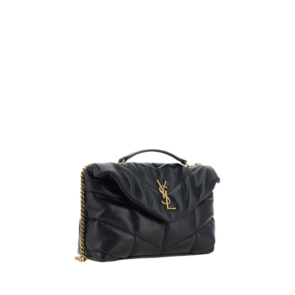 Black Saint Laurent Puffer Toy shoulder bag in quilted lambskin with gold YSL logo and chain strap.