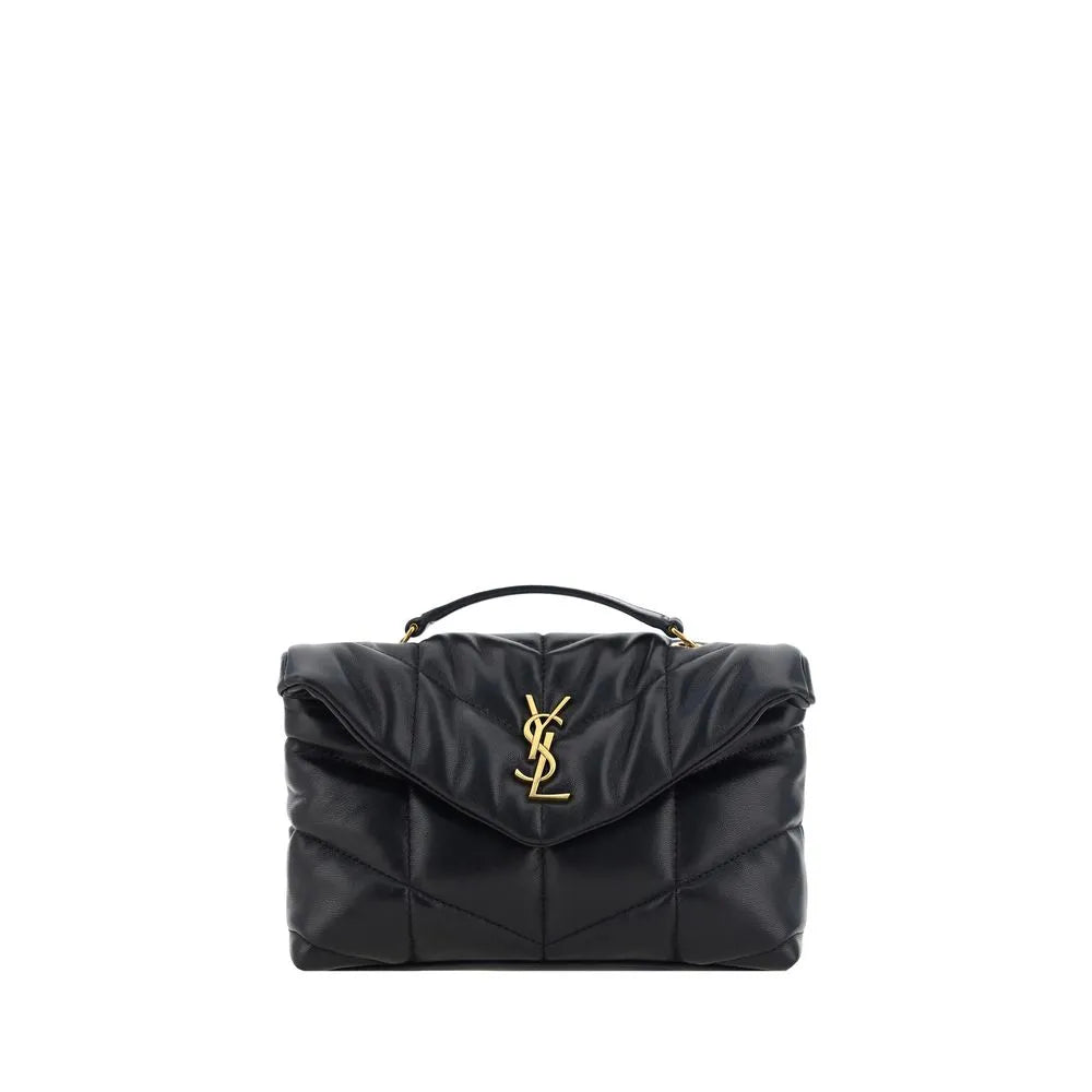 Black Saint Laurent Puffer Toy shoulder bag, chévron quilted lambskin with gold YSL logo and top handle.