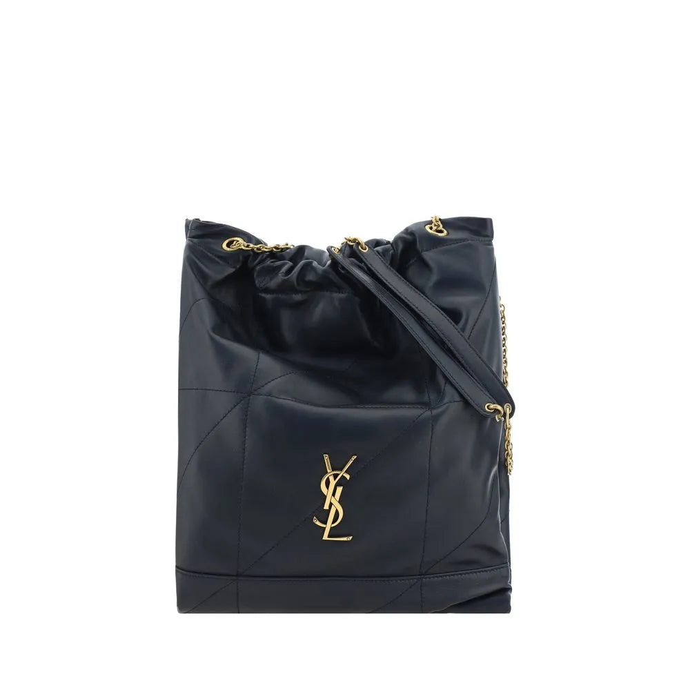 Black lambskin Saint Laurent Pochon bucket bag with gold YSL logo, quilted design, and chain drawstring strap.