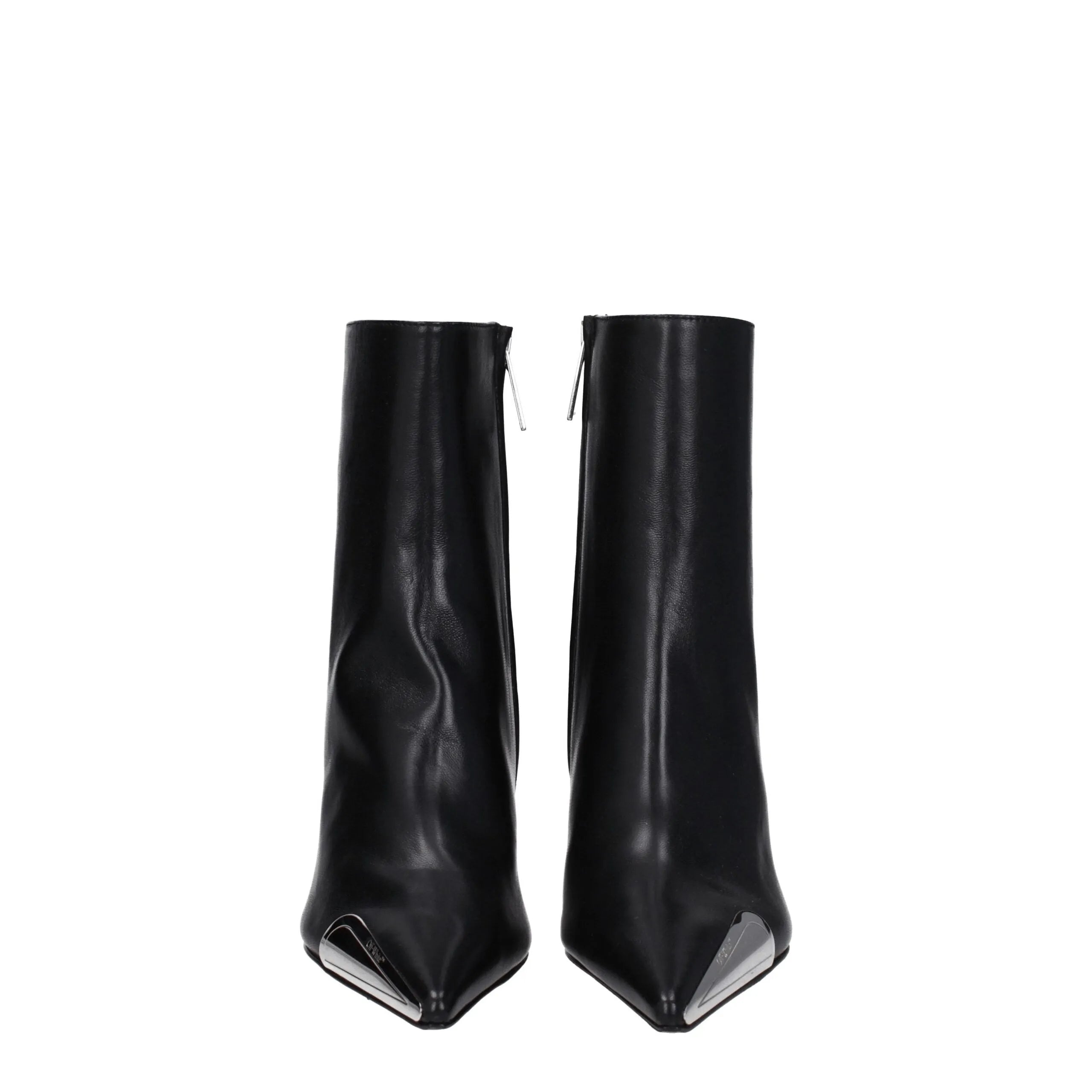 Off-White black leather ankle boots with pointy toes, prominent silver metal caps, and visible zip closures.