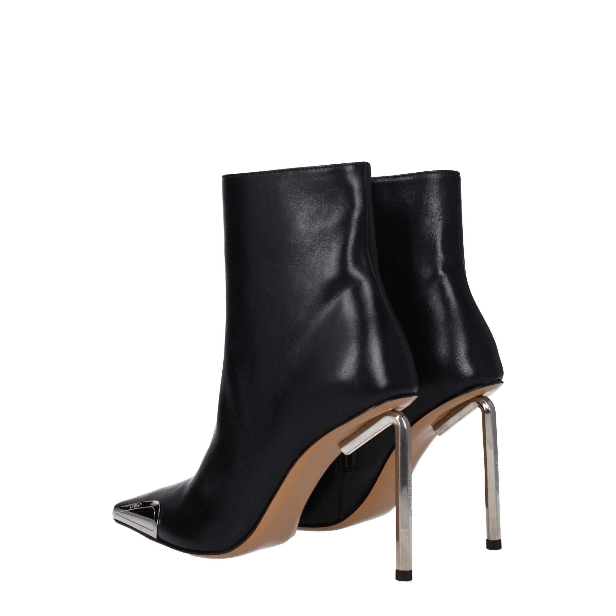 Black leather ankle boots with pointy silver toe caps and distinctive silver high heels by Off-White.