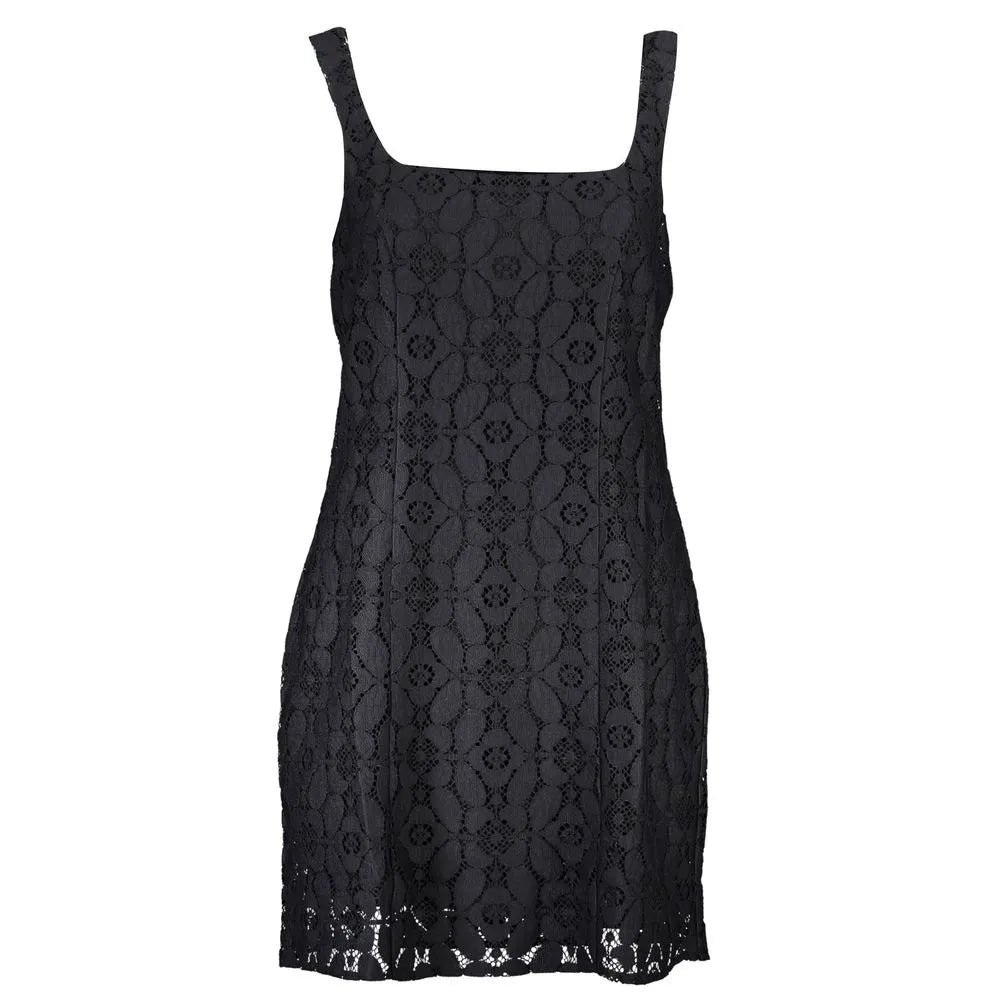 Black polyester sleeveless short dress with square neckline and intricate floral lace pattern.
