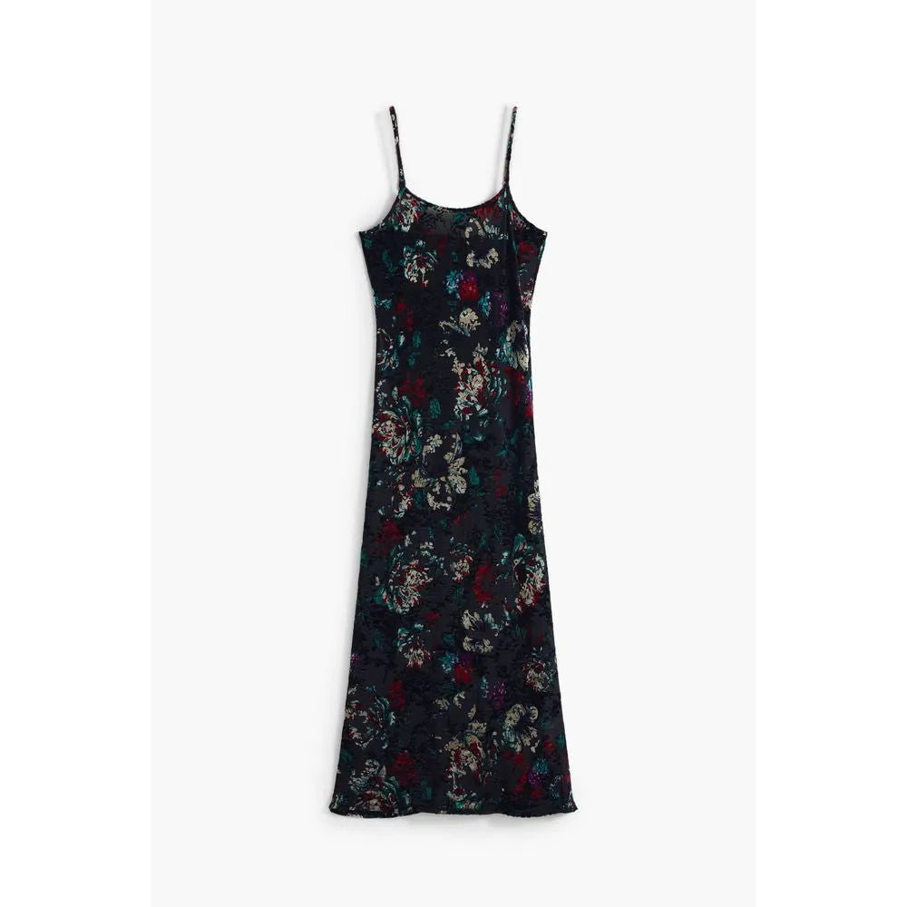 Women's black polyester midi slip dress featuring colorful floral pattern and spaghetti straps.