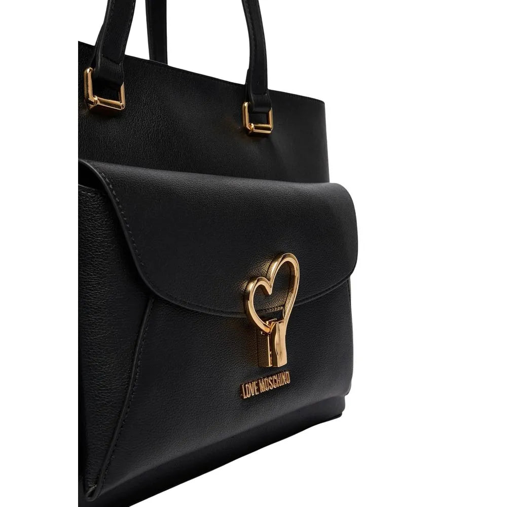 Black polyurethane Love Moschino handbag featuring a gold heart clasp, front flap pocket, and logo.