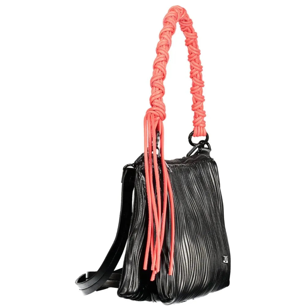 Black pleated polyethylene handbag featuring a vibrant coral braided handle, matching tassels, and an adjustable strap.