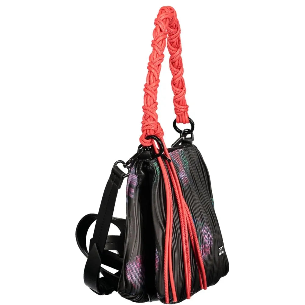 Black pleated polyethylene handbag with vibrant coral braided handle, decorative cords, and subtle colorful accents.
