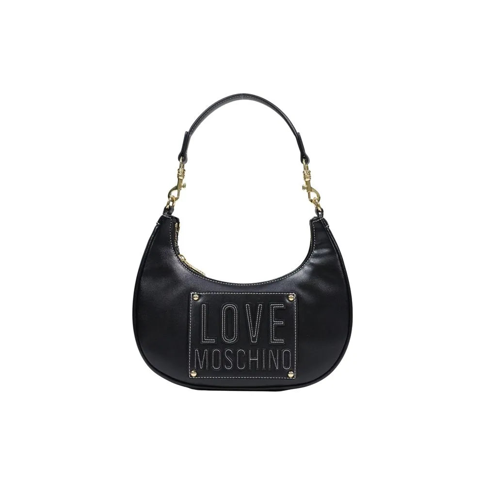 Black Love Moschino polyurethane crescent shoulder bag with gold hardware and white stitched logo.