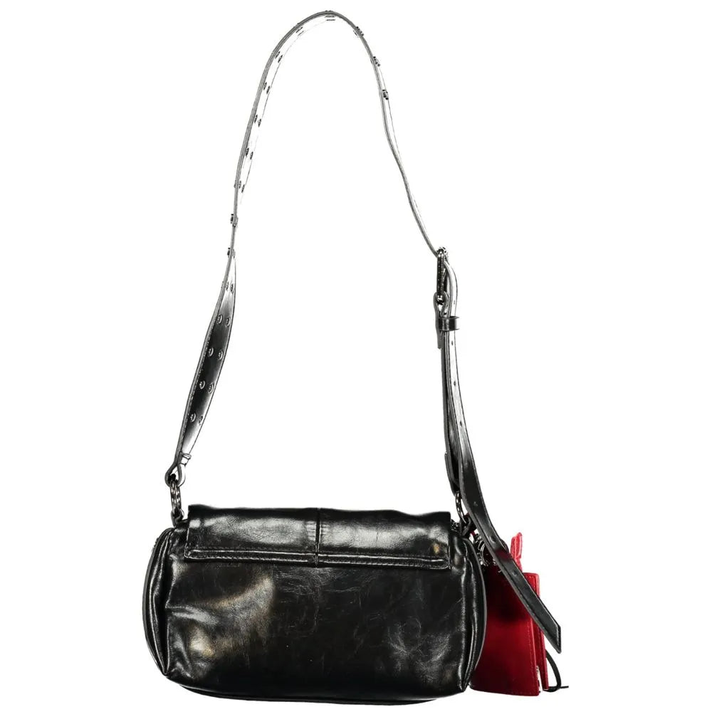 Desigual black polyurethane women's handbag with adjustable strap and red removable coin purse.