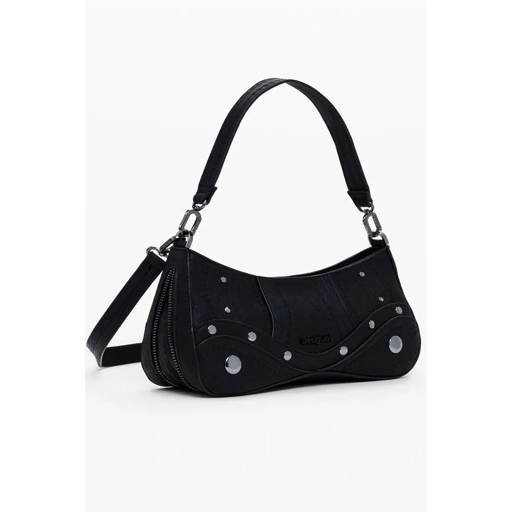 Black Desigual women's polyurethane shoulder bag with wavy studded design, silver hardware, and expandable side zip.