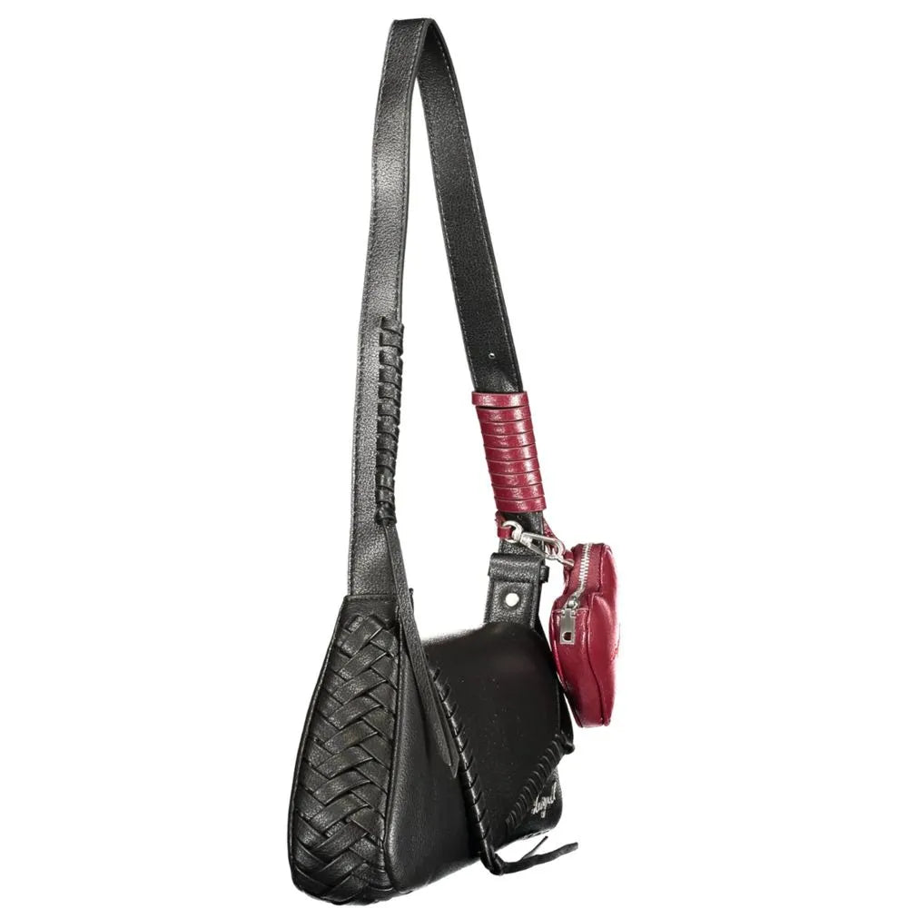 Black Desigual polyurethane women's handbag with braided side, red wrapped shoulder strap, and removable heart coin purse.