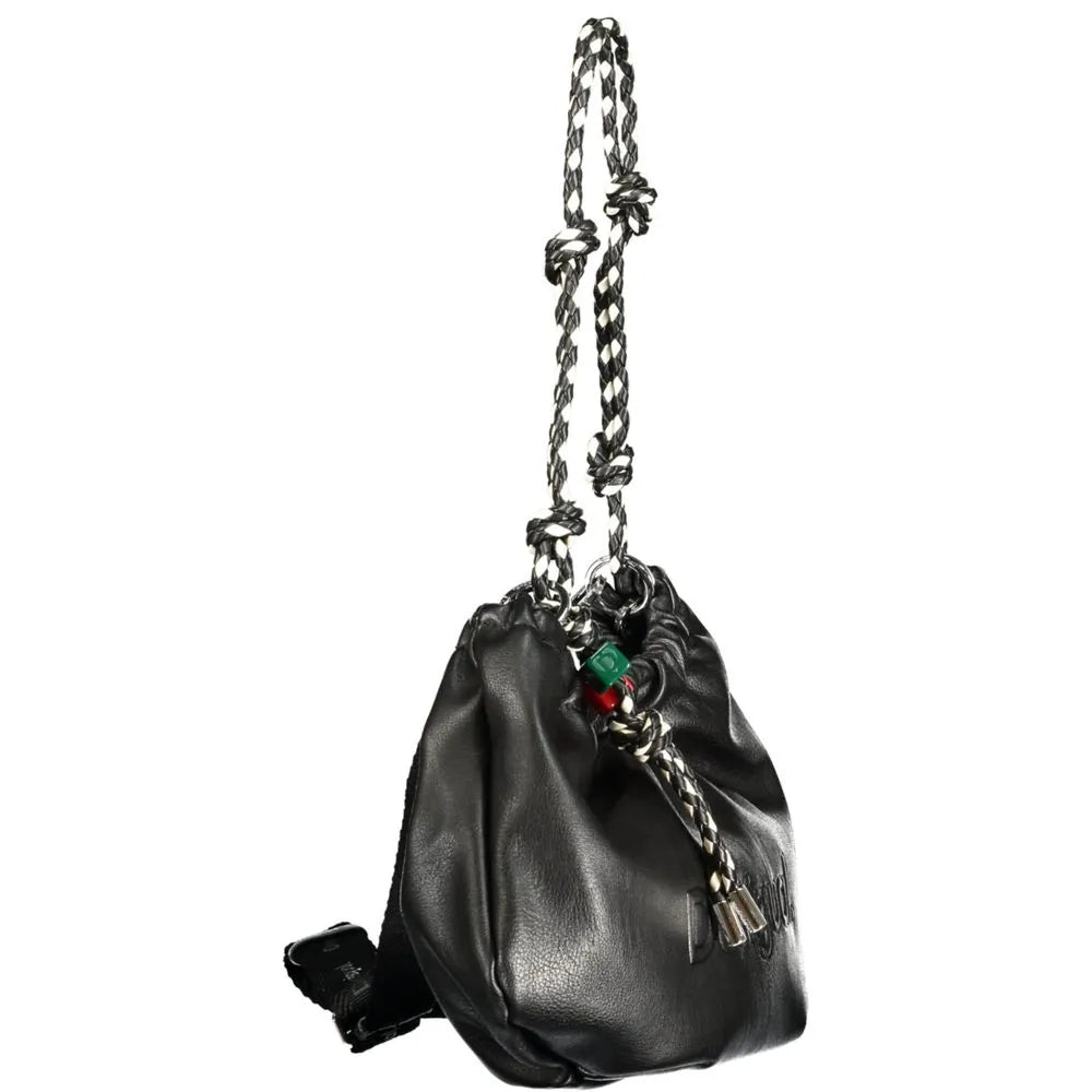 DESIGUAL black polyurethane women's drawstring handbag with braided black/white strap and colorful charm.