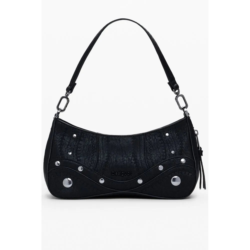 Black Desigual polyurethane women's shoulder bag with wavy silver stud embellishments and textured panels.