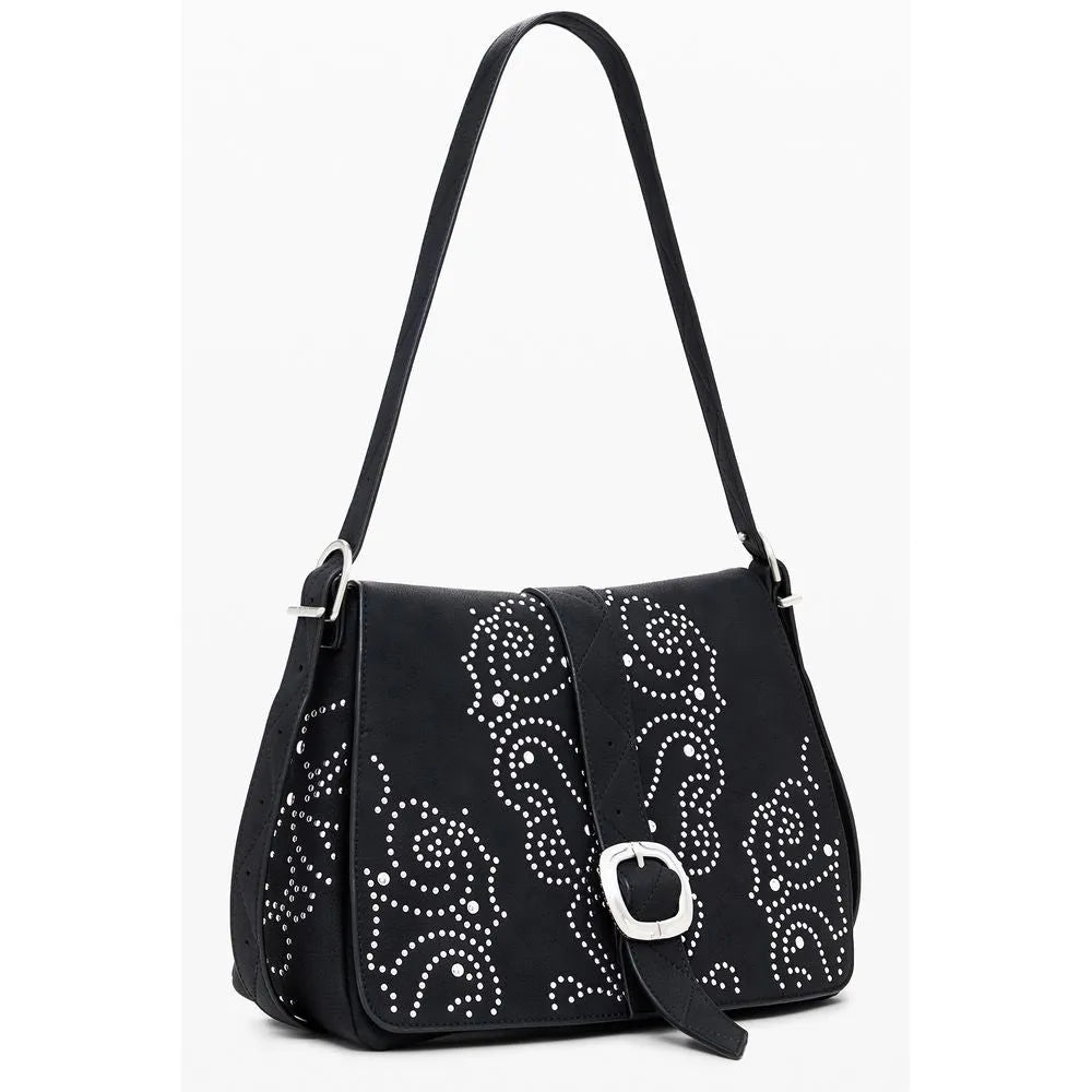 Black polyurethane women's handbag with white dotted relief pattern and silver buckle.